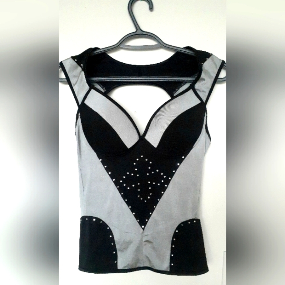 Rhinestone bustier corset with cross design and flexible boning